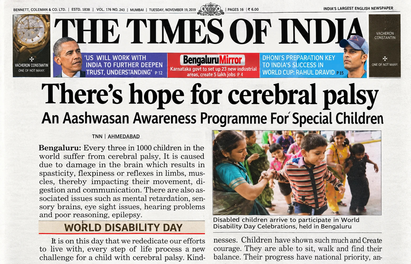 Theres Hope for Cerebral Palsy in The Times of India on 4th Dec 2010