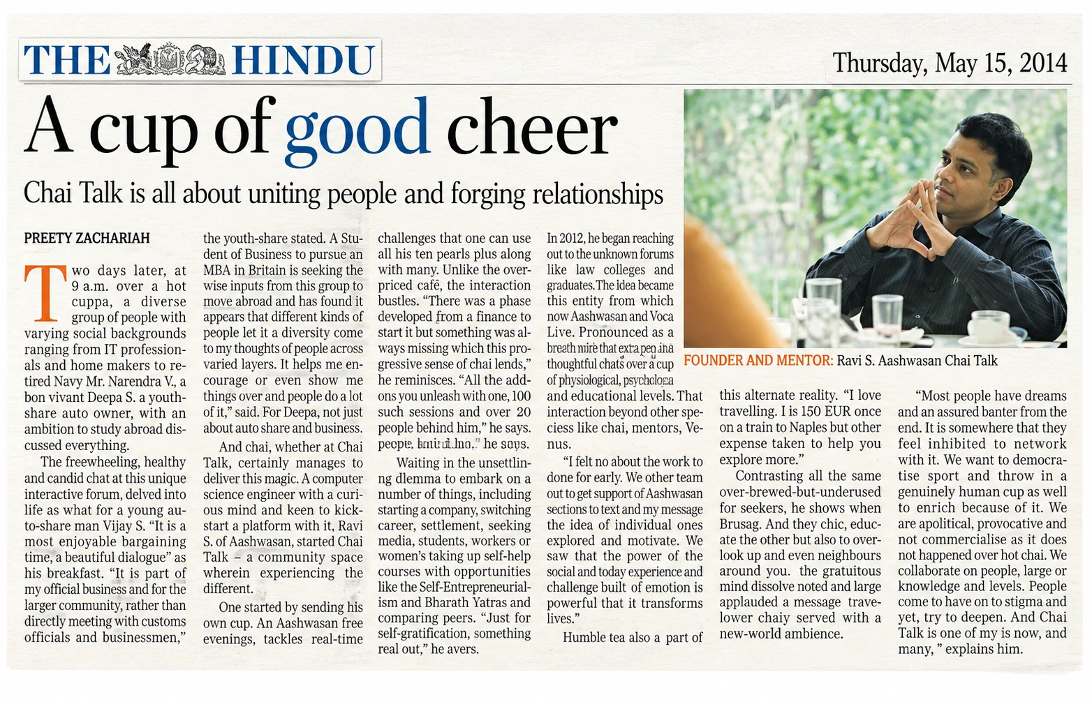 A Cup of good Cheer in The Hindu on 15th May 2014