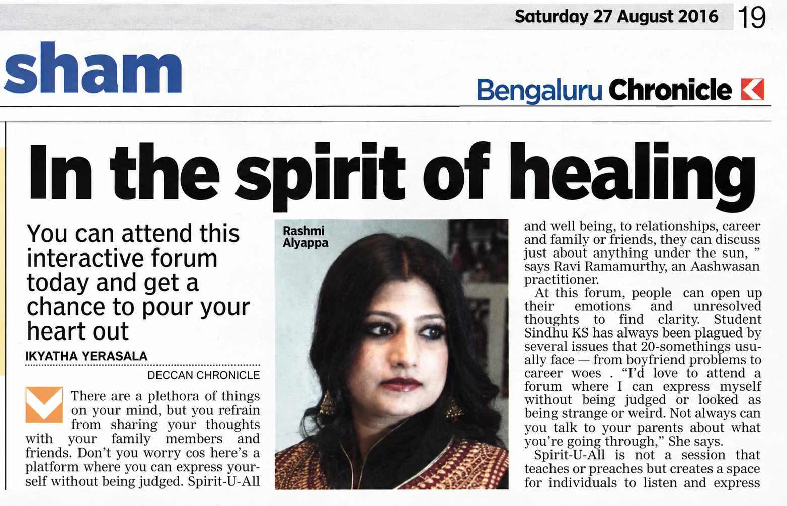 In the Spirit of Healing, Deccan Chronicle on 27th Aug 2016
