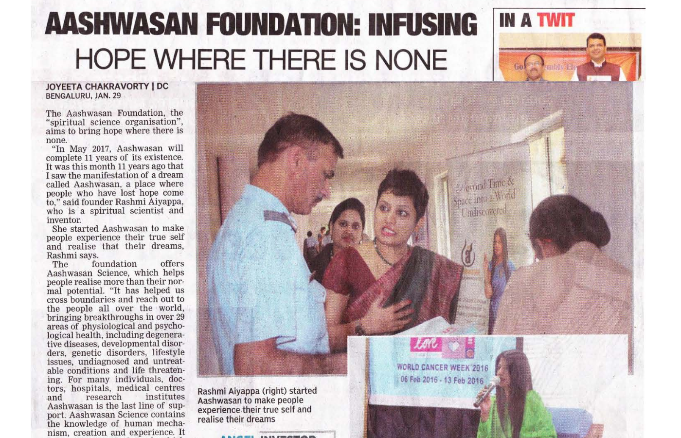 Aashwasan Foundation - Infusing, Hope Where there is None in Deccan Chronicle on 30th Jan 2017
