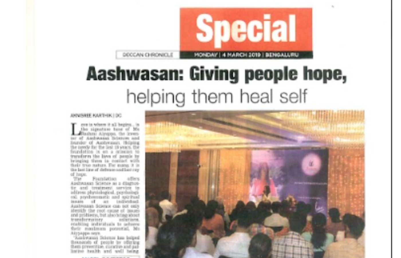Aashwasan Gives people hope, helping them heal self in Deccan Chronicle on 4th Mar 2019